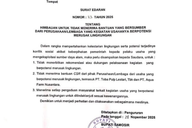 Pemerintah Kabupaten Samosir Keluarkan Surat Edaran, Tolak Bantuan dari Perusahaan Perusak Lingkungan