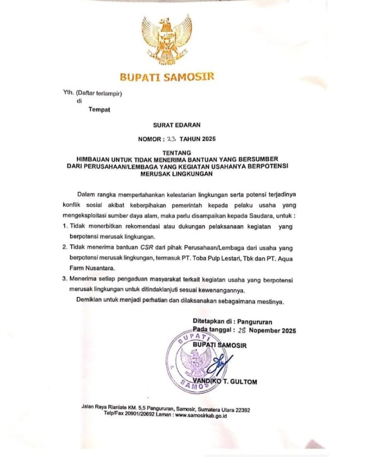 Pemerintah Kabupaten Samosir Keluarkan Surat Edaran, Tolak Bantuan dari Perusahaan Perusak Lingkungan